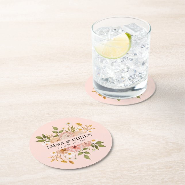 Pretty floral garden wedding favour round paper coaster (Insitu)