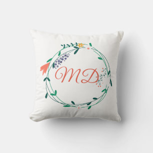 Pretty Floral Garland Script Monogram Cushion