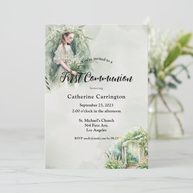 Pretty Floral Girl First Communion  Invitation (Standing Front)
