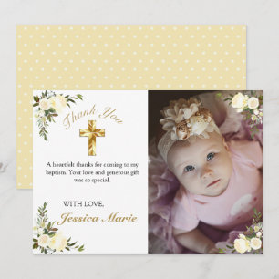 Pretty Floral Gold Cross Baptism Photo Thank You