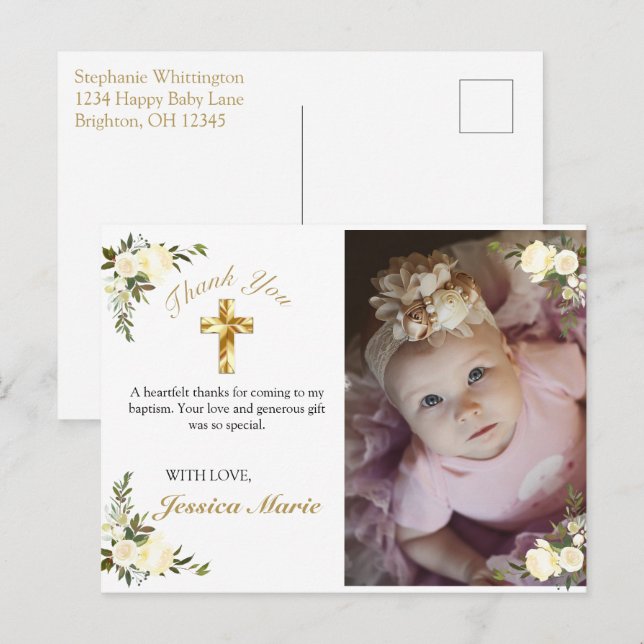 Pretty Floral Gold Cross Baptism Photo Thank You Postcard (Front/Back)