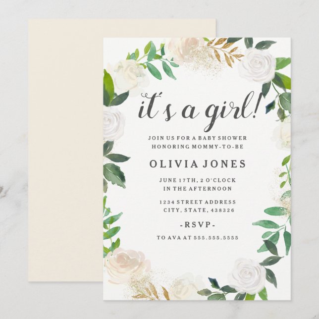 Pretty Floral Gold Wreath Baby Shower Invitation (Front/Back)