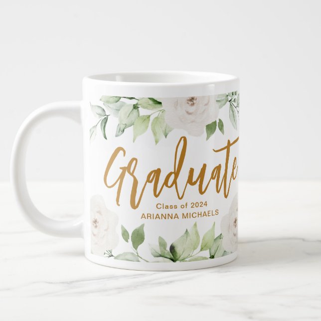 Pretty Floral Graduate Script Class Year Photo Large Coffee Mug (Left)