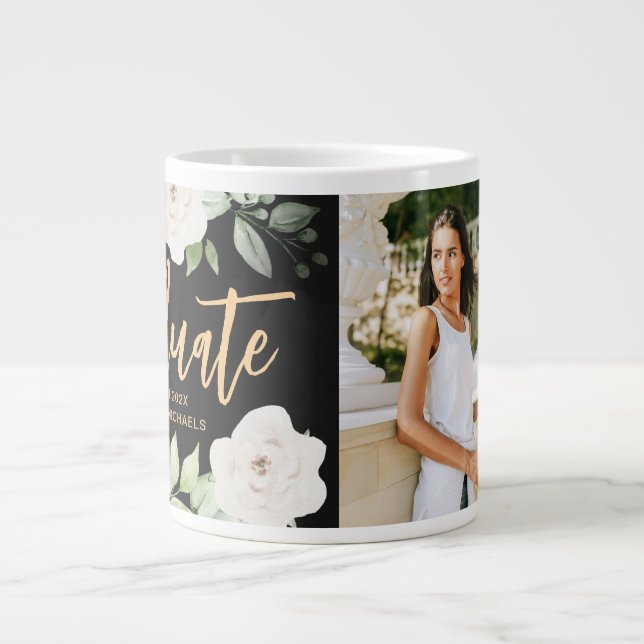 Pretty Floral Graduate Script Photo Black Large Coffee Mug (Front)