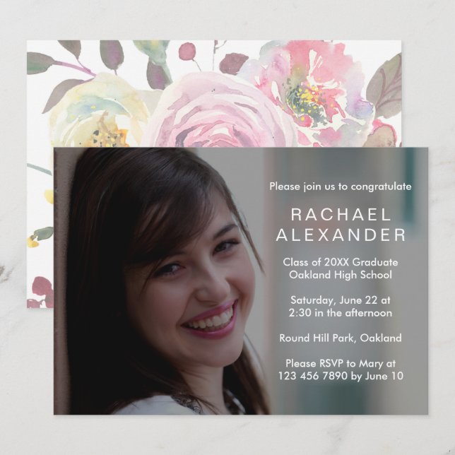 Pretty Floral Graduation Party Photo Card (Front/Back)
