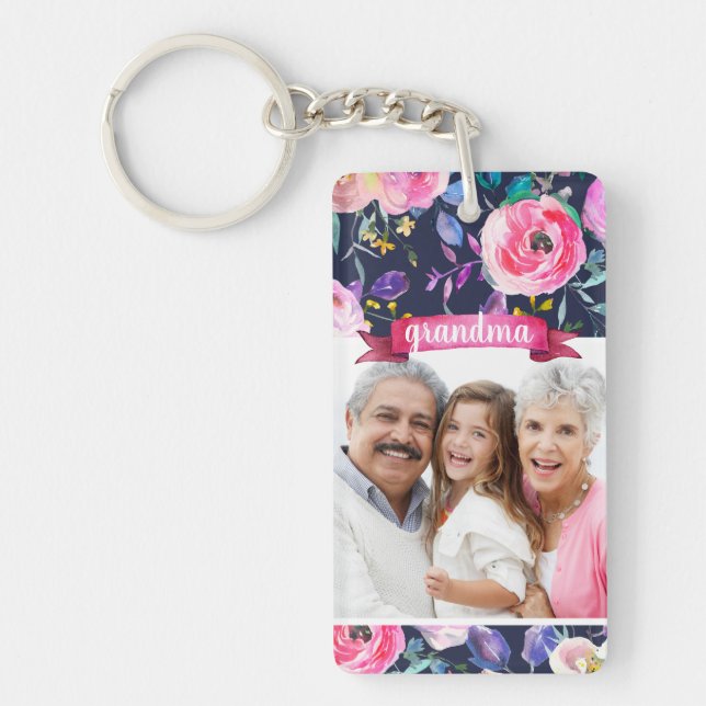 Pretty Floral Grandma Photo Key Ring (Front)