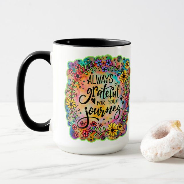 Pretty Floral Grateful for Your Journey Quote Mug (With Donut)