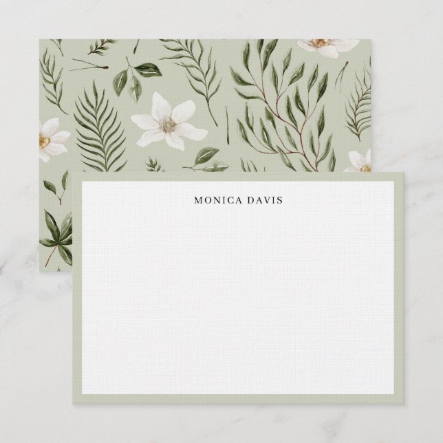 Pretty Floral Green Gold White Botanical Pattern Thank You Card (Front/Back)