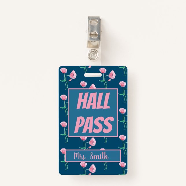 Pretty Floral Hall Pass with Name ID Badge (Front with Clip)