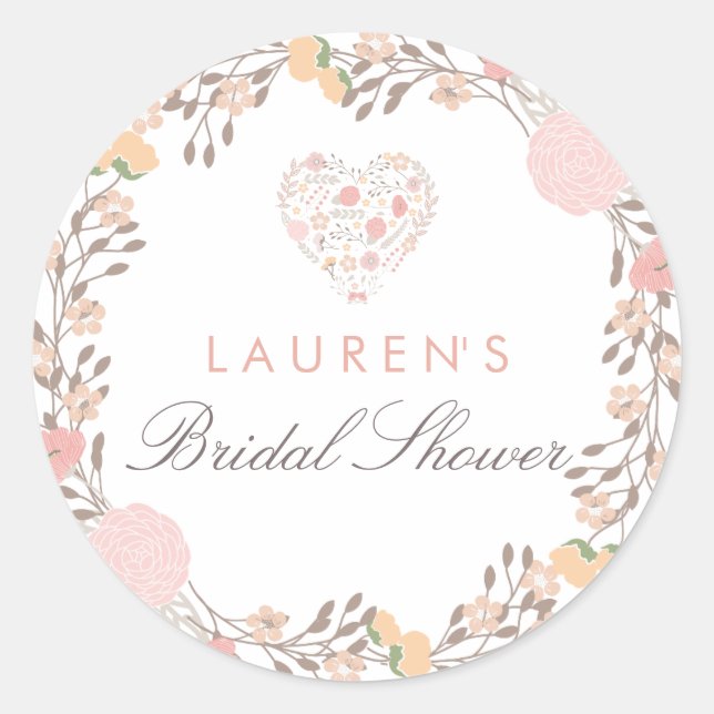 Pretty Floral Heart Bridal Shower Sticker (Front)