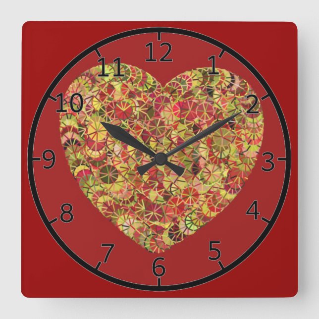 Pretty Floral Heart Square Wall Clock (Front)