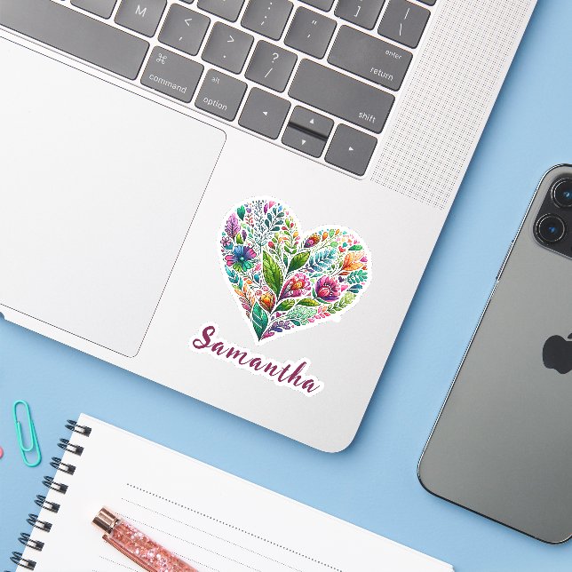 Pretty Floral Heart With Name Vinyl (Laptop w/ iPhone)