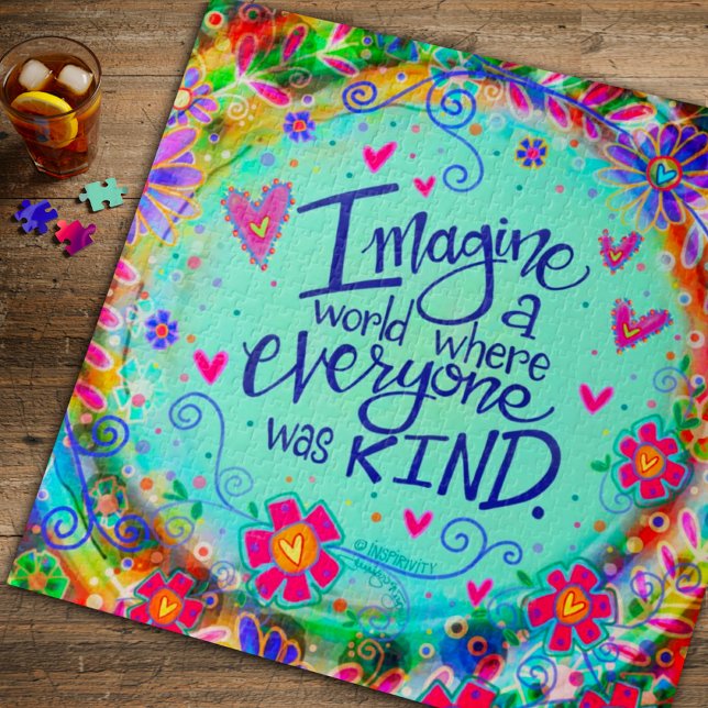 Pretty Floral Hearts Fun Kindness Quote Trendy Jigsaw Puzzle (Creator Uploaded)