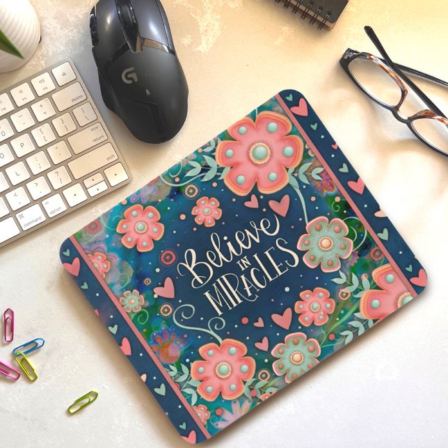 Pretty Floral Hearts Miracles Pink Blue Mouse Mat (Believe in Miracles, Inspirivity, and Floral Mousepad)