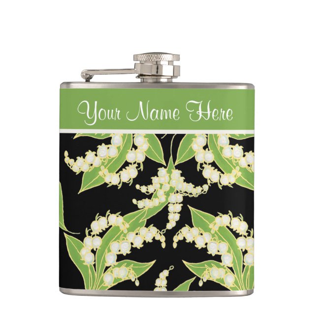 Pretty Floral Hip Flask: Lily of the Valley, Black Flask (Front)