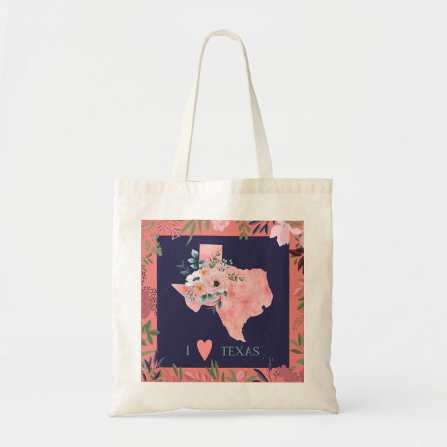 Pretty Floral I Love Texas State Map Tote Bag (Front)