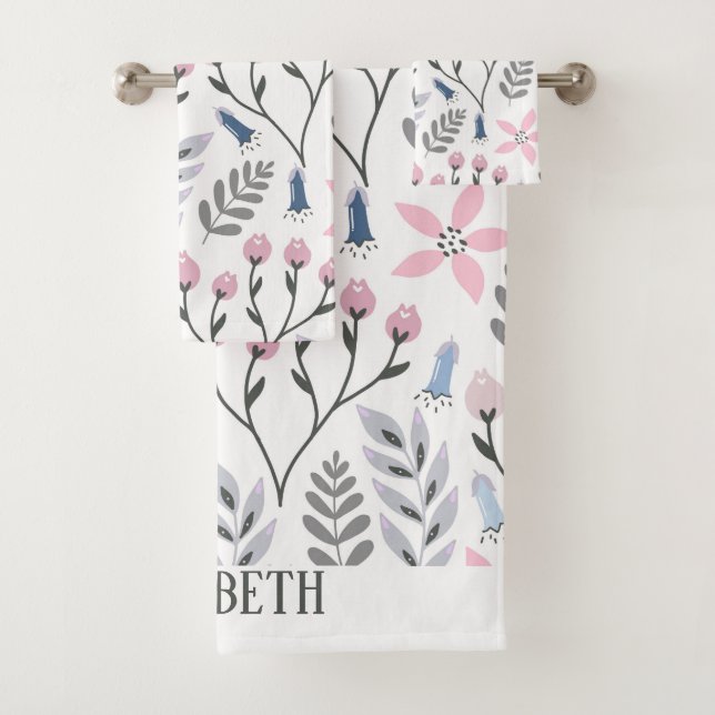 Pretty floral illustration falling botanical bath towel set (Insitu)