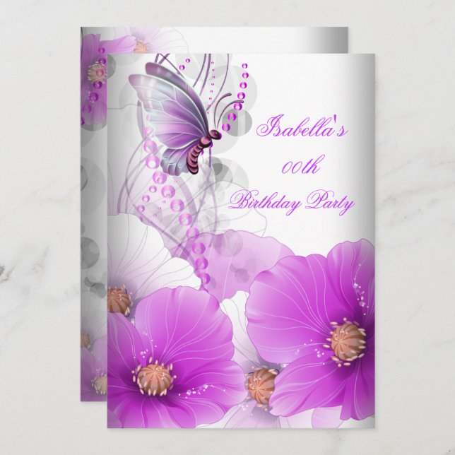 Pretty Floral Lilac Butterfly Birthday Party SML Invitation (Front/Back)