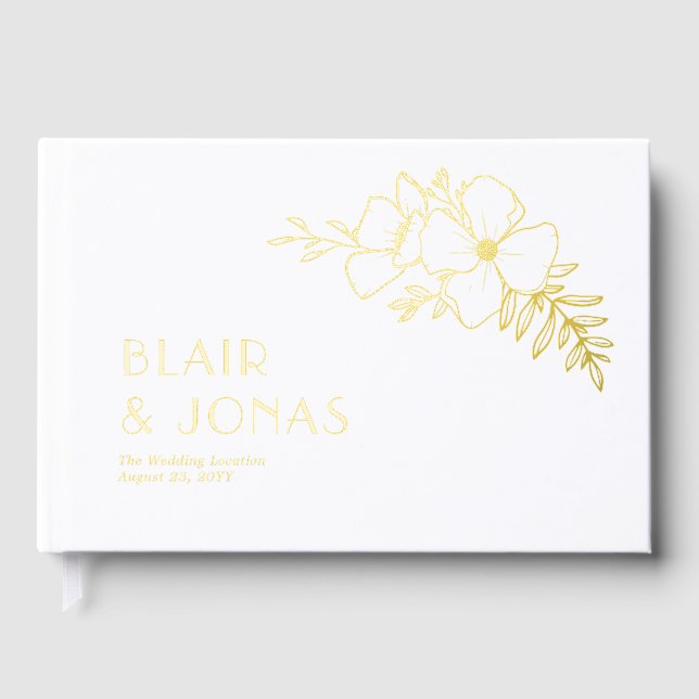 Pretty Floral Line Art White Gold Foil Wedding Guest Book (Front)