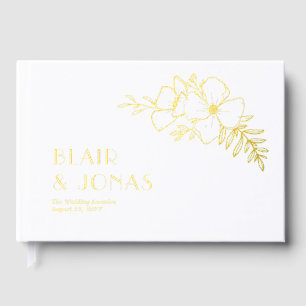 Pretty Floral Line Art White Gold Foil Wedding Guest Book