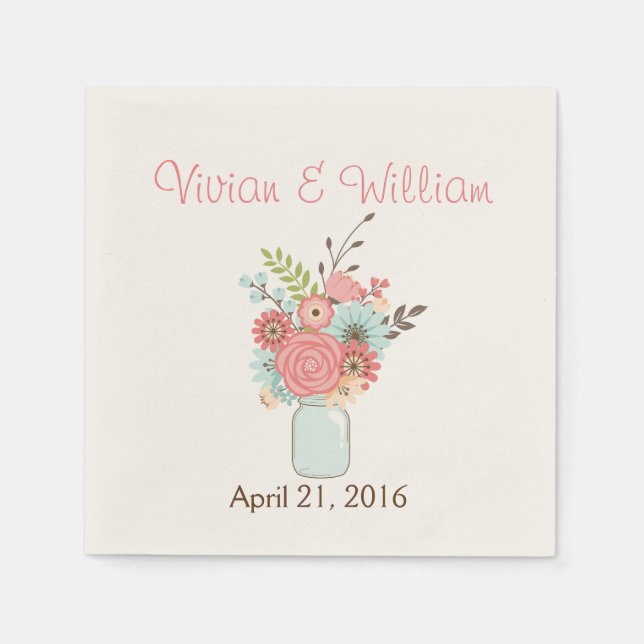 Pretty Floral Mason Jar Custom Wedding Napkin (Front)