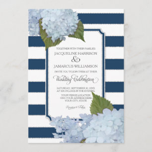 Pretty Floral Modern Elegant Navy White Stripe Invitation