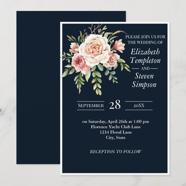 Pretty Floral Modern Navy Pink Bold Wedding Invitation (Front/Back)