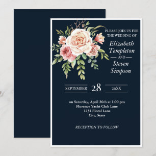 Pretty Floral Modern Navy Pink Bold Wedding Invitation