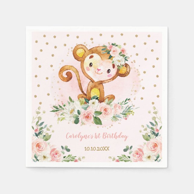 Pretty Floral Monkey Baby Shower Wild One Birthday Napkin (Front)