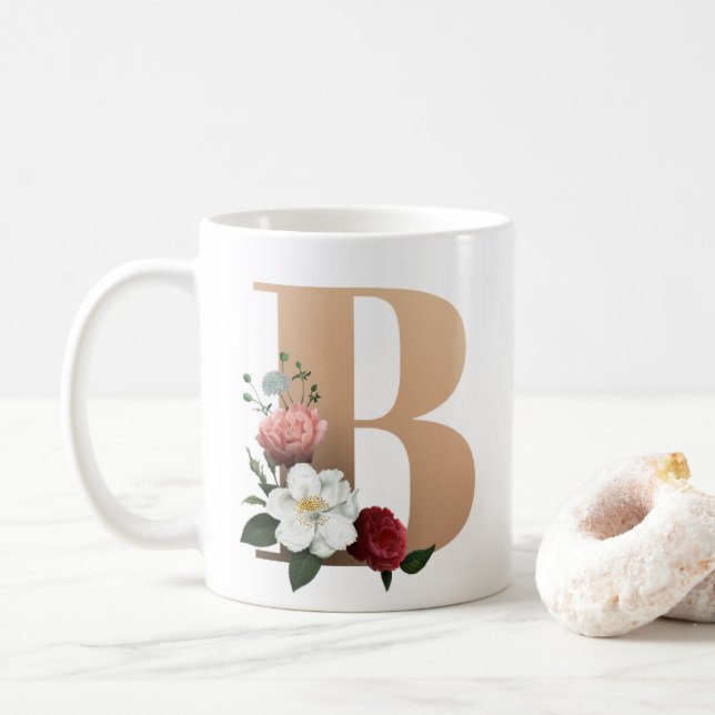 Pretty Floral Monogram B,  Coffee Mug (With Donut)
