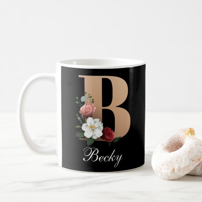 Pretty Floral Monogram B TEMPLATE Coffee Mug (With Donut)