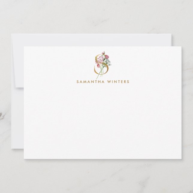 Pretty Floral Monogram Gold Letter S Note Card (Front)