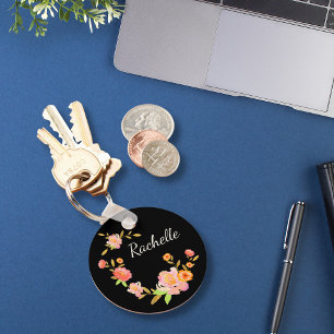 Pretty Floral Monogram Orange & Pink Custom Key Ring