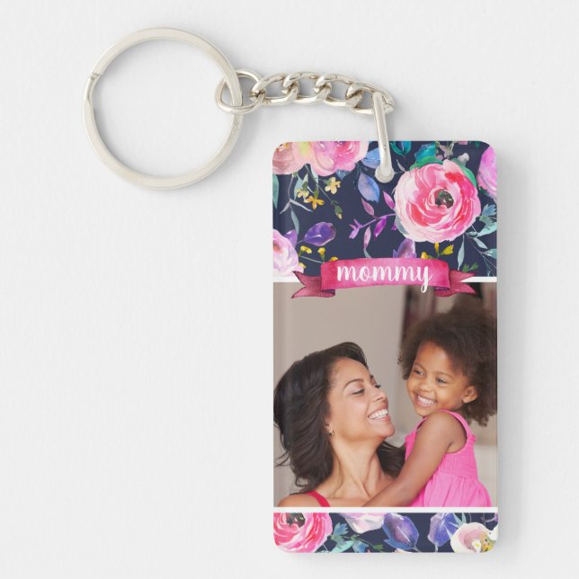 Pretty Floral Mother's Day Photo Key Ring (Front)