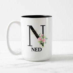 Pretty Floral N monogrammed alphabet Two-Tone Coffee Mug