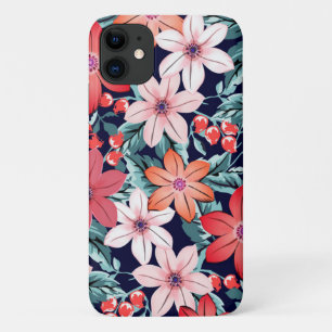 Pretty floral navy blue garden pink flowers girly iPhone 11 case