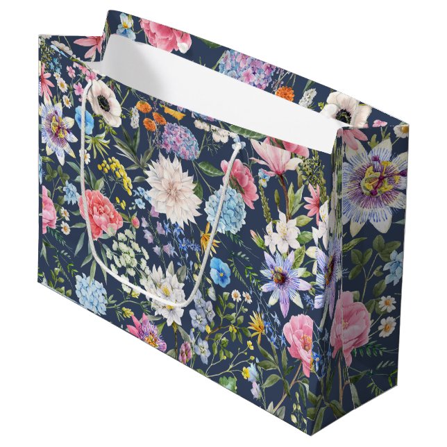 Pretty floral Navy blue pattern Modern Birthday Large Gift Bag (Front Angled)