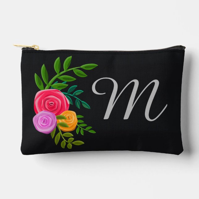 Pretty Floral on Chalkboard Monogrammed Accessory Pouch (Front)
