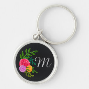 Pretty Floral on Chalkboard Monogrammed Key Ring