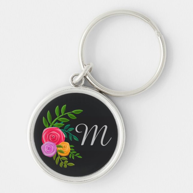 Pretty Floral on Chalkboard Monogrammed Key Ring (Front)