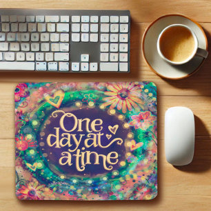 Pretty Floral One Day at a Time Quote Inspirivity Mouse Mat