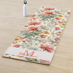 Pretty Floral Orange Coral Pink Boho Name Monogram Yoga Mat