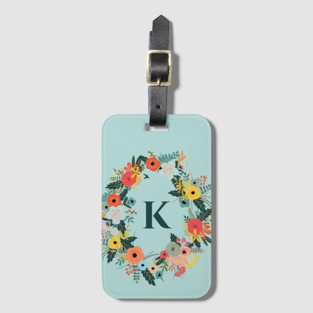 Pretty Floral Oval Wreath Monogram Luggage Tag (Front Vertical)