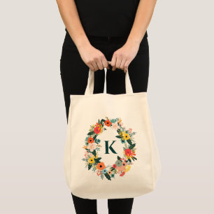 Pretty Floral Oval Wreath Monogram Tote Bag