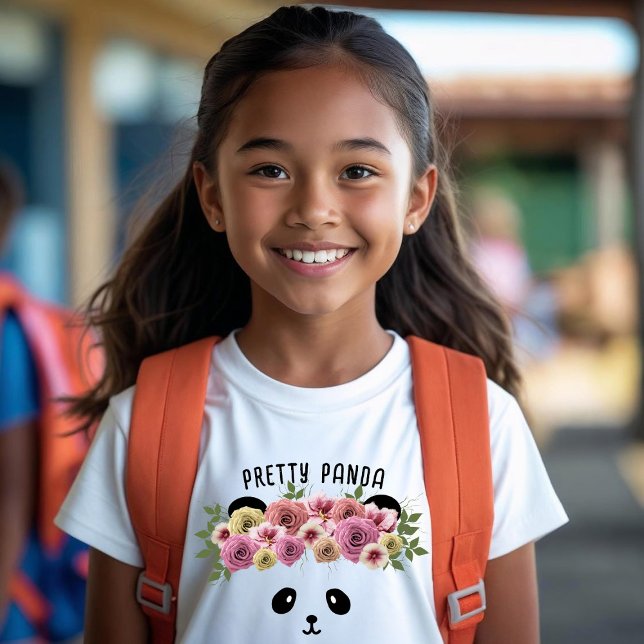 Pretty Floral Panda Bear Girl Cute Personalised T-Shirt (Pretty panda shirt perfect for back to school!)