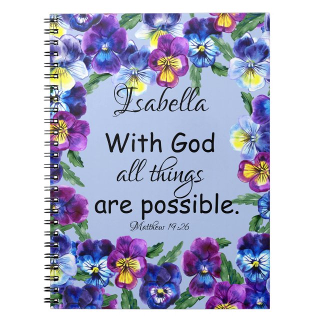 Pretty Floral Pansy Flower Inspirational Scripture Notebook (Front)