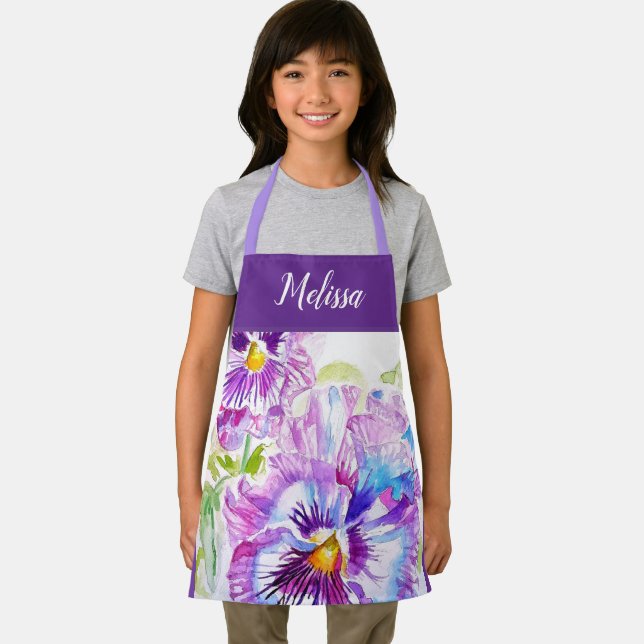Pretty Floral Pastel Pansy Purple Girls Apron (Insitu)