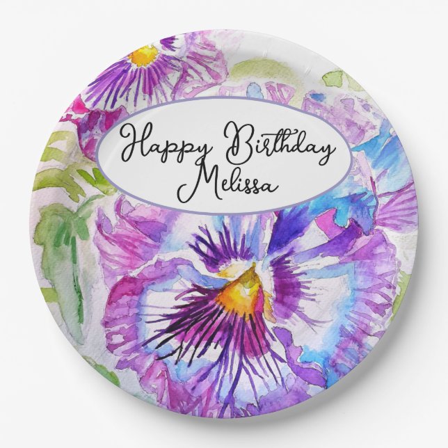 Pretty Floral Pastel Pansy Purple Girls Birthday Paper Plate (Front)