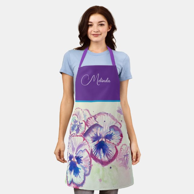 Pretty Floral Pastel Pansy Purple Watercolor Apron (Worn)