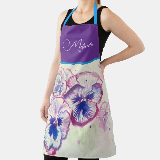 Pretty Floral Pastel Pansy Purple Watercolor Apron (Insitu)